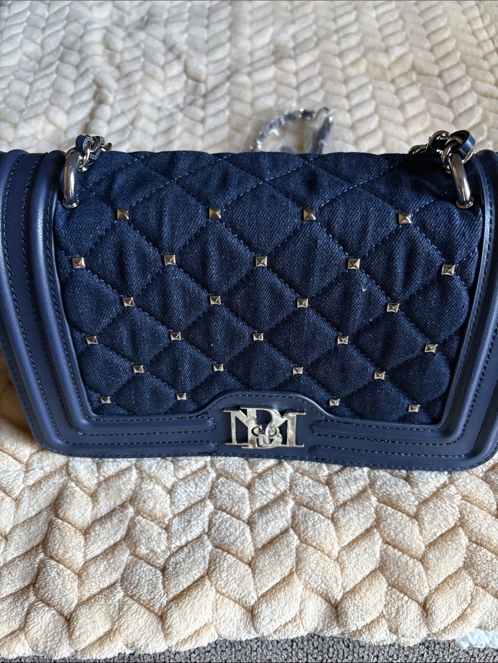 Badgley Mischka Quilted Navy Crossbody with Silver Studs